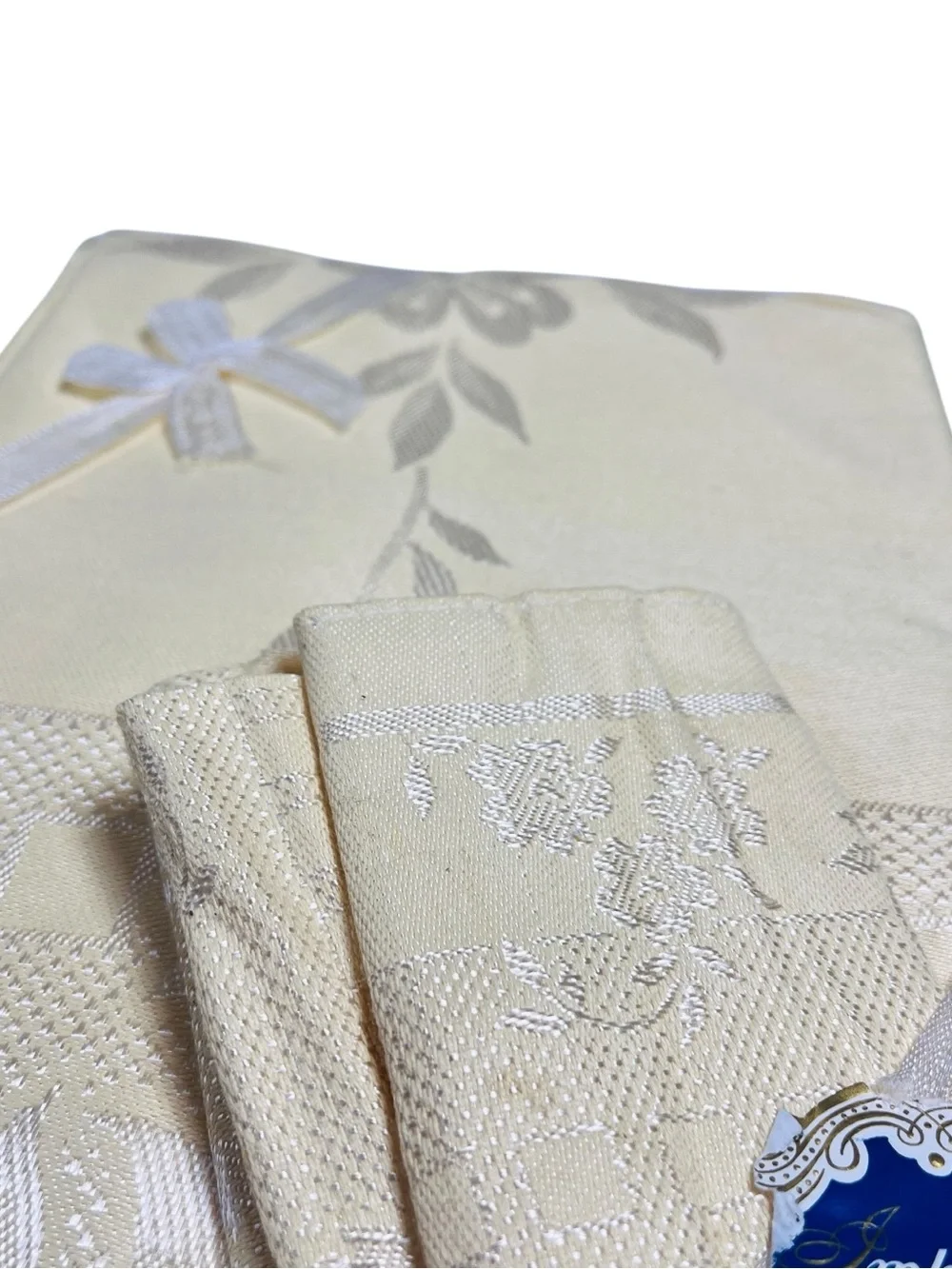 Vtg 50s 60s Japan Damask Tablecloth Napkins Set Sz 48x48 Yellow Rayon NOS NWT
